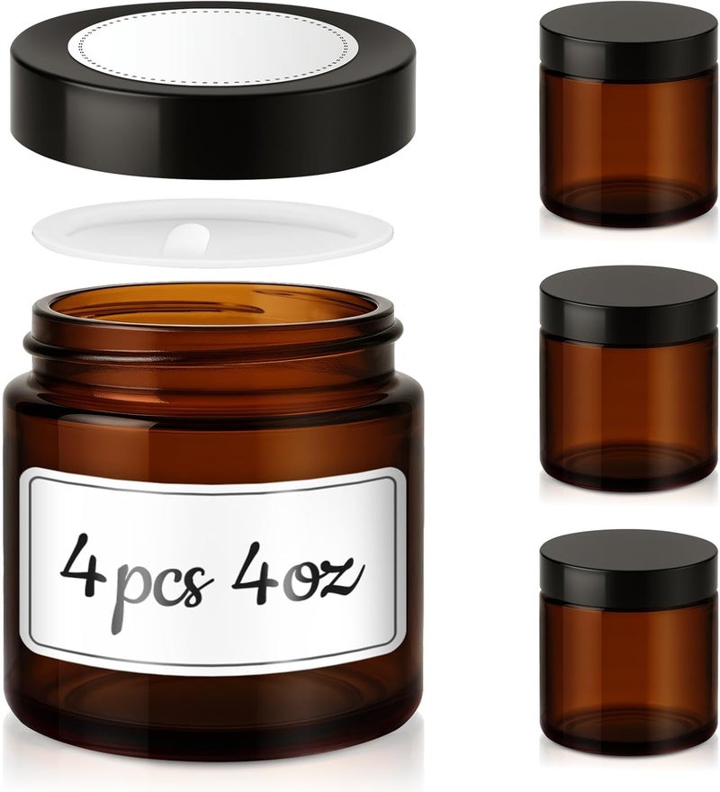 Tecohouse 4 oz Glass Jars with Lids, 4 Pack Amber Glass Jars with Black Lids Leakproof Round Airtight Empty Cosmetic Travel Containers with Inner Liners For Lotions Powders and Candle Making - Image 1